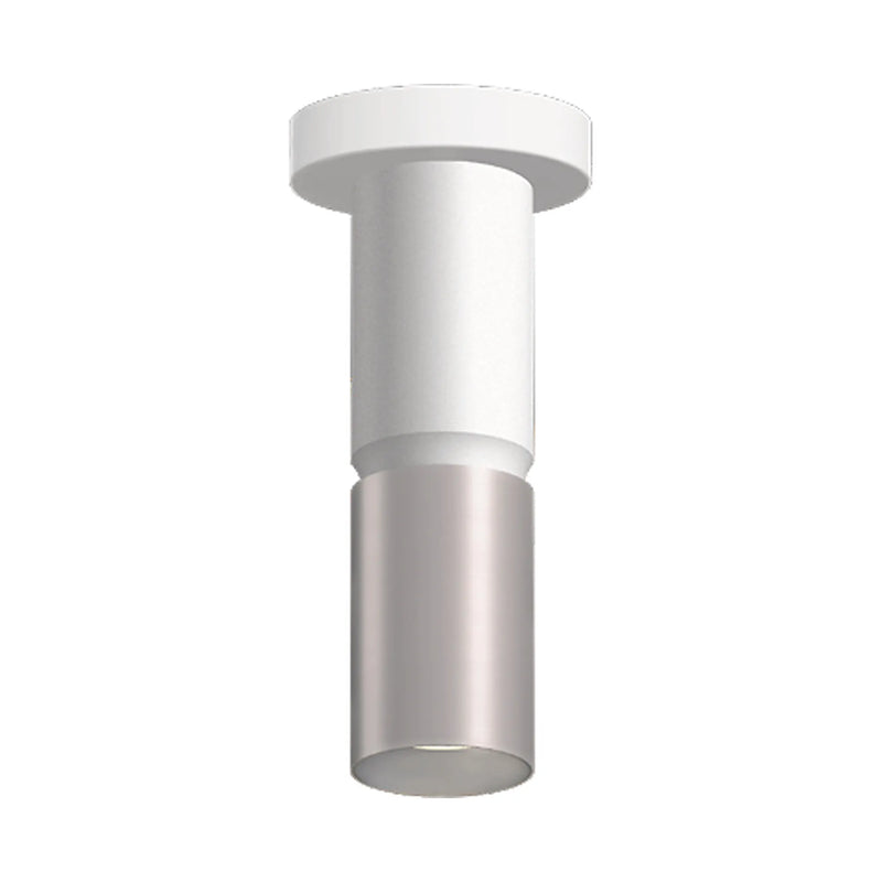 A modern cylindrical ceiling light fixture with a white top canopy and a brushed nickel lower shade, shown against a plain white background.