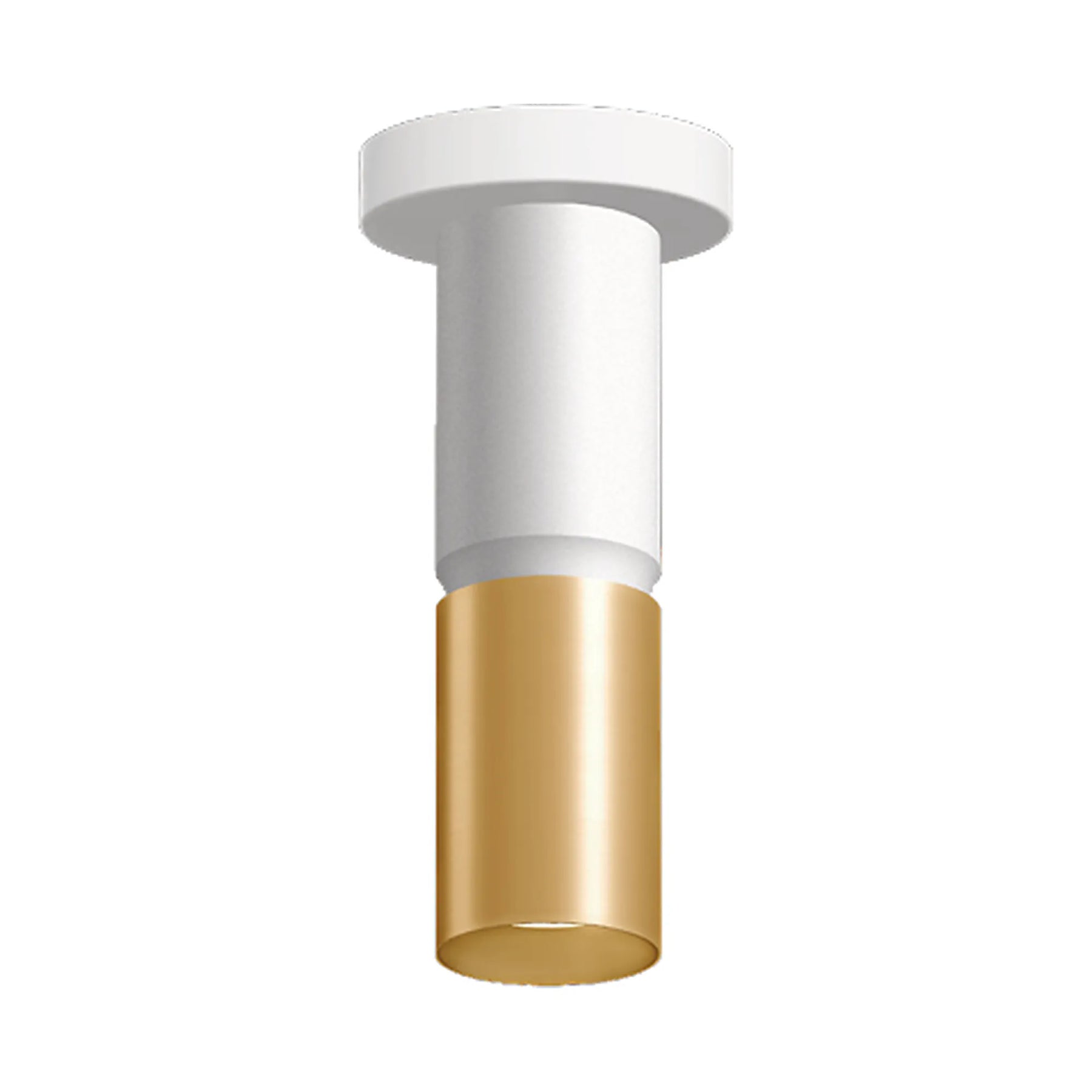 A modern cylindrical ceiling light fixture with a white upper body and a brushed gold lower shade, shown against a plain white background.