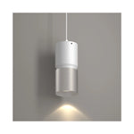 A modern cylindrical pendant light fixture with a white upper section and a brushed nickel lower section, shown hanging against a neutral gray wall with a warm light beam directed downward.