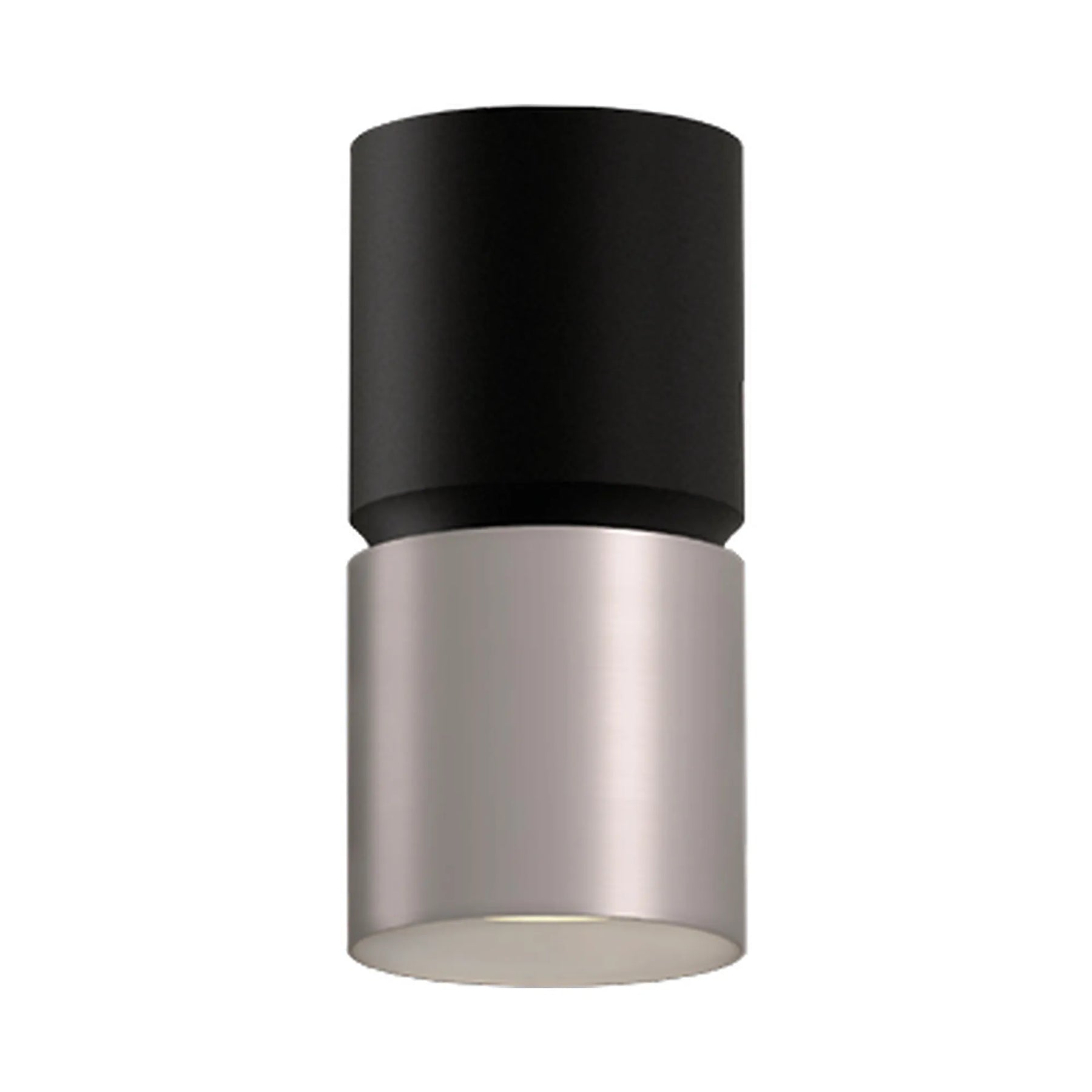 A modern cylindrical wall light fixture with a matte black upper section and a brushed nickel lower section, shown against a plain white background.
