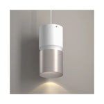 A modern cylindrical pendant light with a matte white upper section and a brushed nickel lower section, shown hanging against a neutral gray wall with a warm light emitted below.