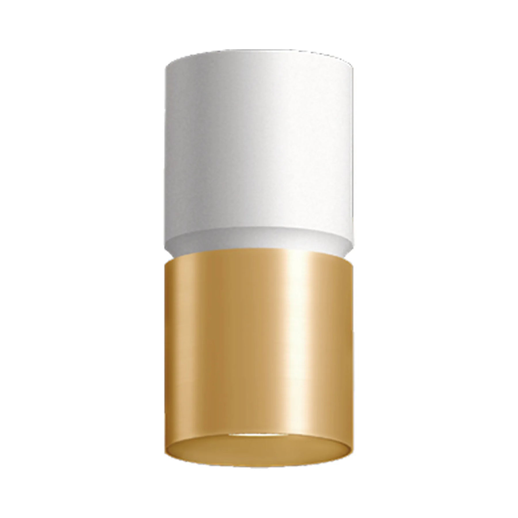 A modern cylindrical light fixture with a matte white upper section and a brushed gold lower section, isolated on a white background.