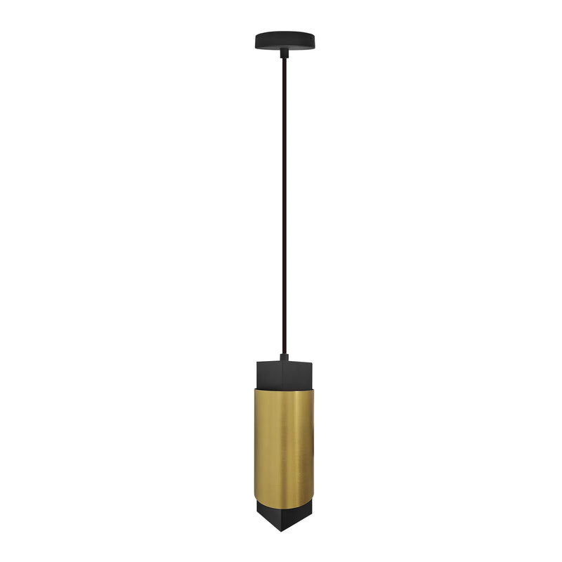 Modern architectural cylinder pendant light with black mount and brass cylindrical shade from milan-1 series
