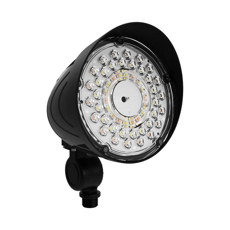 A black outdoor LED floodlight with a circular array of clear and white LED chips visible through a clear lens, mounted on a swivel bracket against a white background.