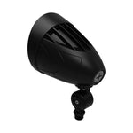 A black outdoor landscape light fixture with a ribbed shade, adjustable mounting bracket, and a small power connector on the side, shown against a plain white background.