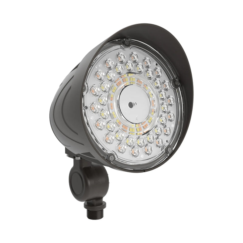 A bronze outdoor LED floodlight with a circular array of clear and white LED chips visible through a clear lens, mounted on a swivel bracket against a white background.