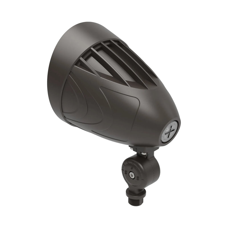 A bronze outdoor landscape light fixture with a ribbed shade and adjustable mounting bracket, shown on a solid white background.