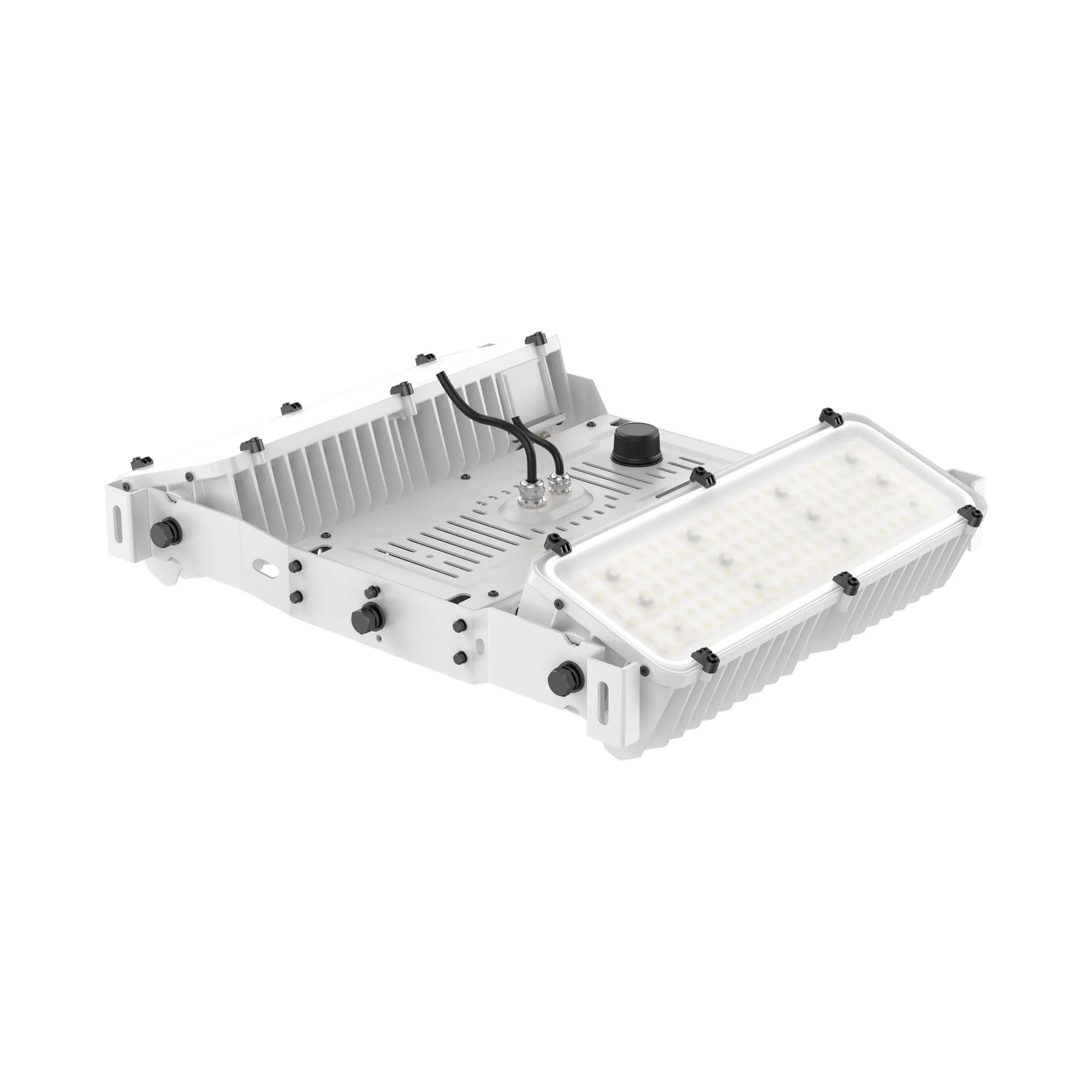 A white industrial LED light fixture with a ribbed metal housing, a large front-facing LED panel, and mounting hardware, shown on a solid white background.