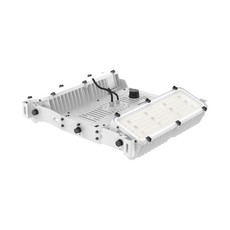 A white industrial LED light fixture with a ribbed metal housing, a large front-facing LED panel, and mounting hardware, shown on a solid white background.