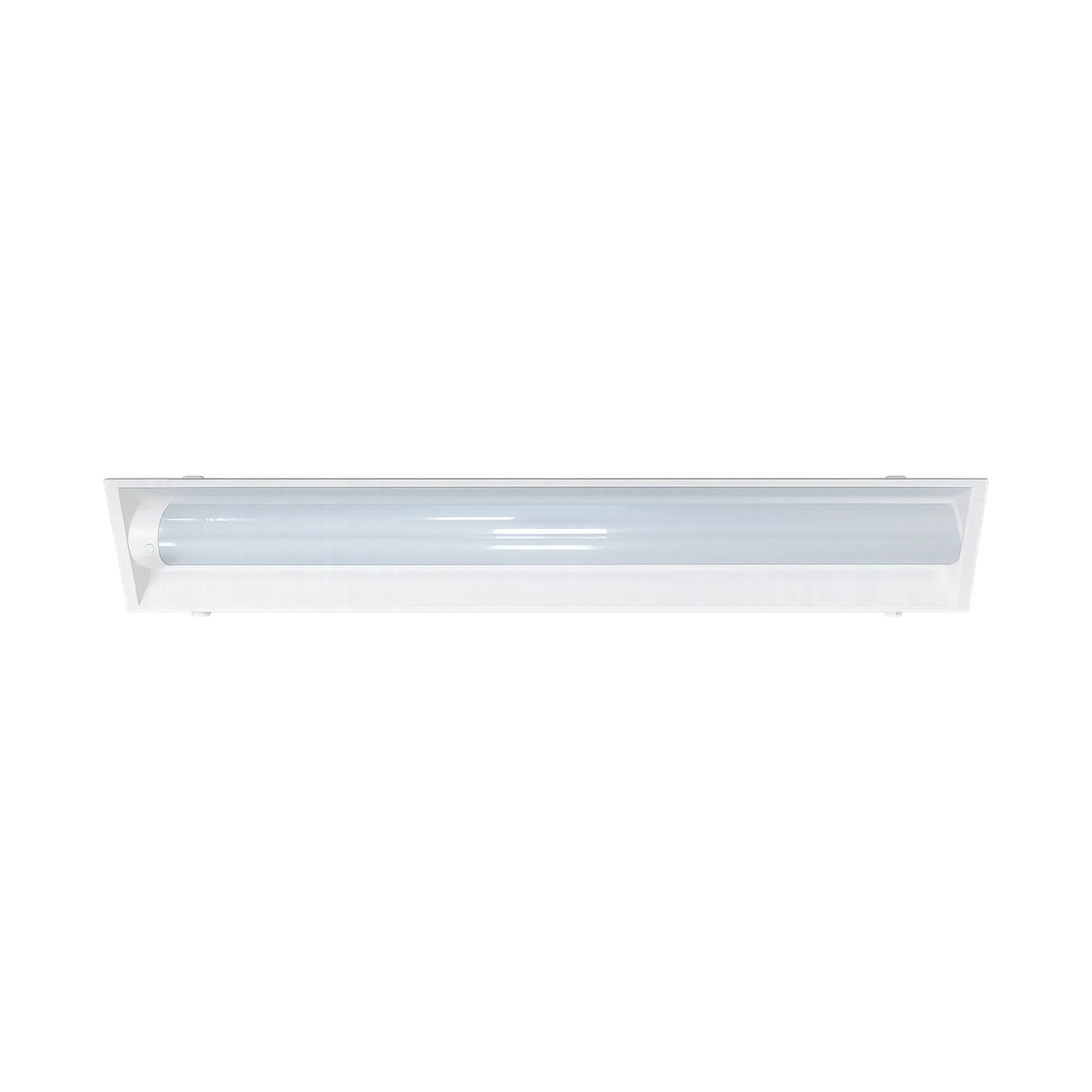 A white linear fluorescent light fixture with a long cylindrical tube inside a rectangular housing, shown against a plain white background.