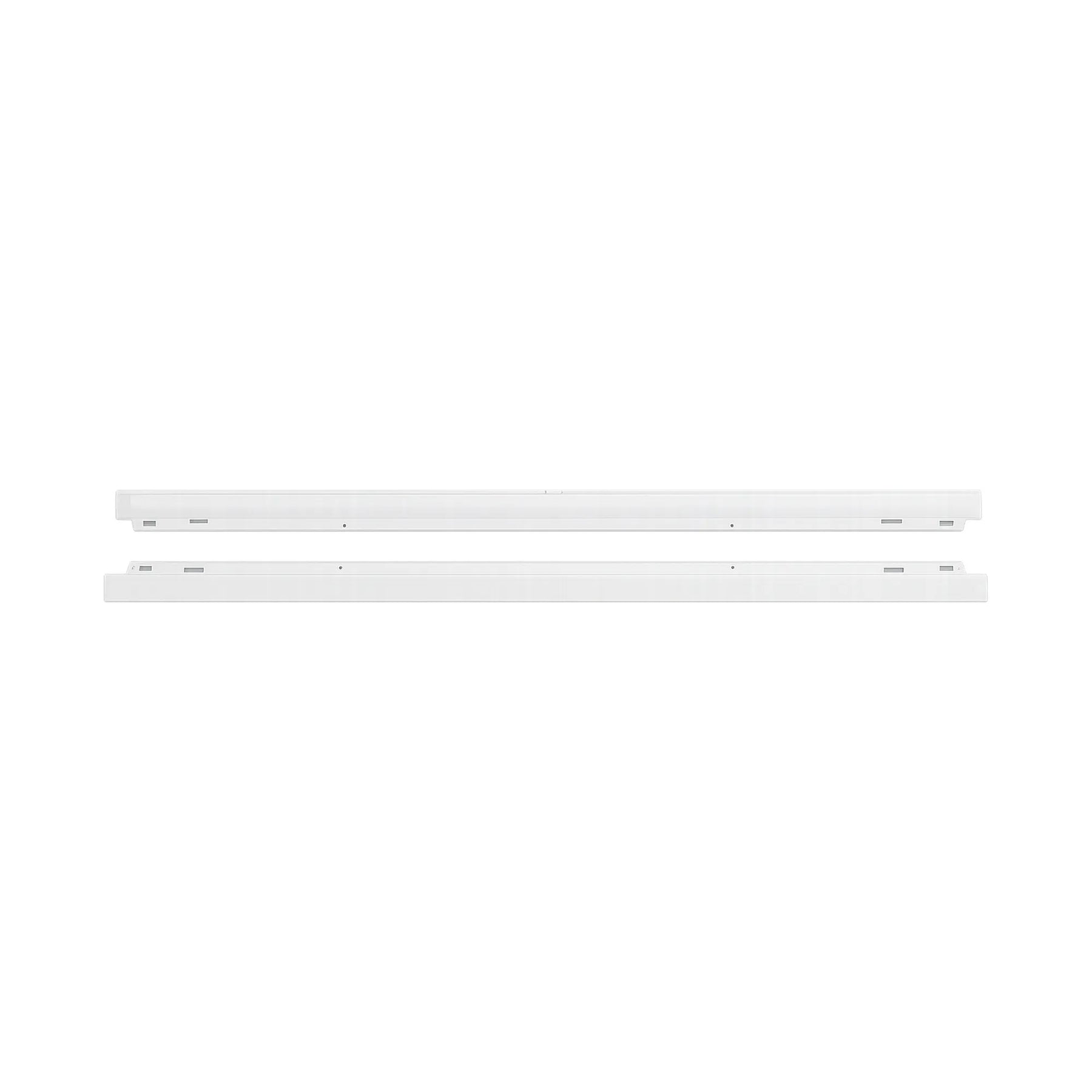 Two long, slim white rectangular light fixtures or panels shown horizontally on a plain white background.