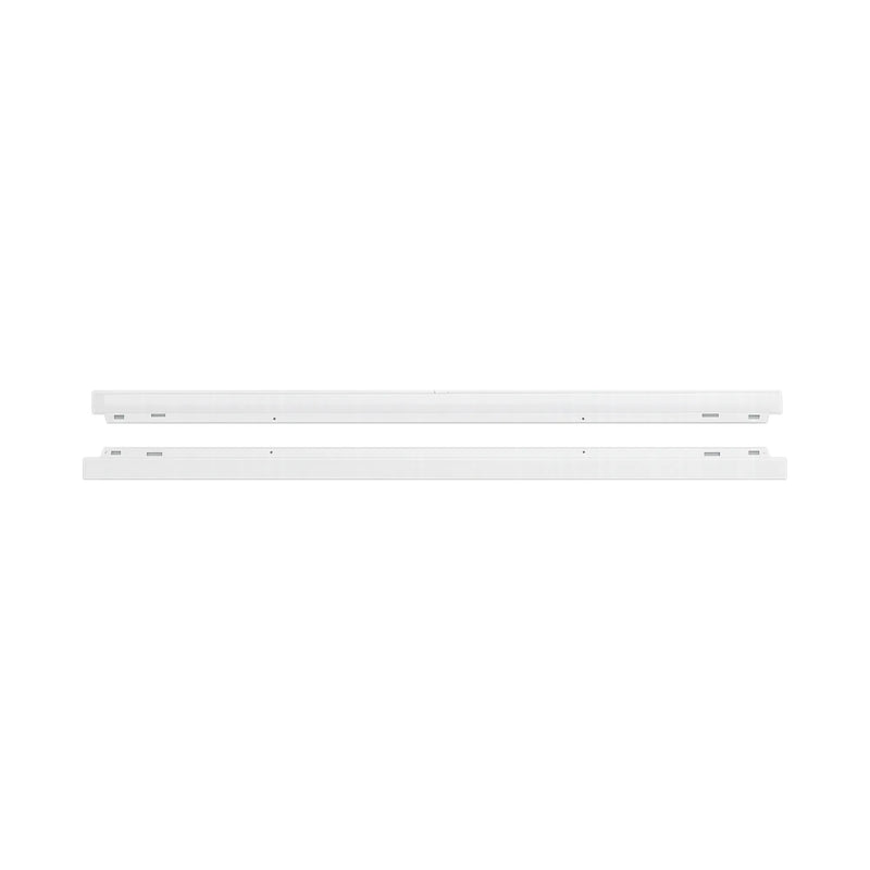 Two long, slim white rectangular light fixtures or panels shown horizontally on a plain white background.