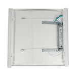 White square ceiling light fixture backplate showing internal mounting hardware, including metal brackets, wiring, and a battery pack, isolated on a white background.