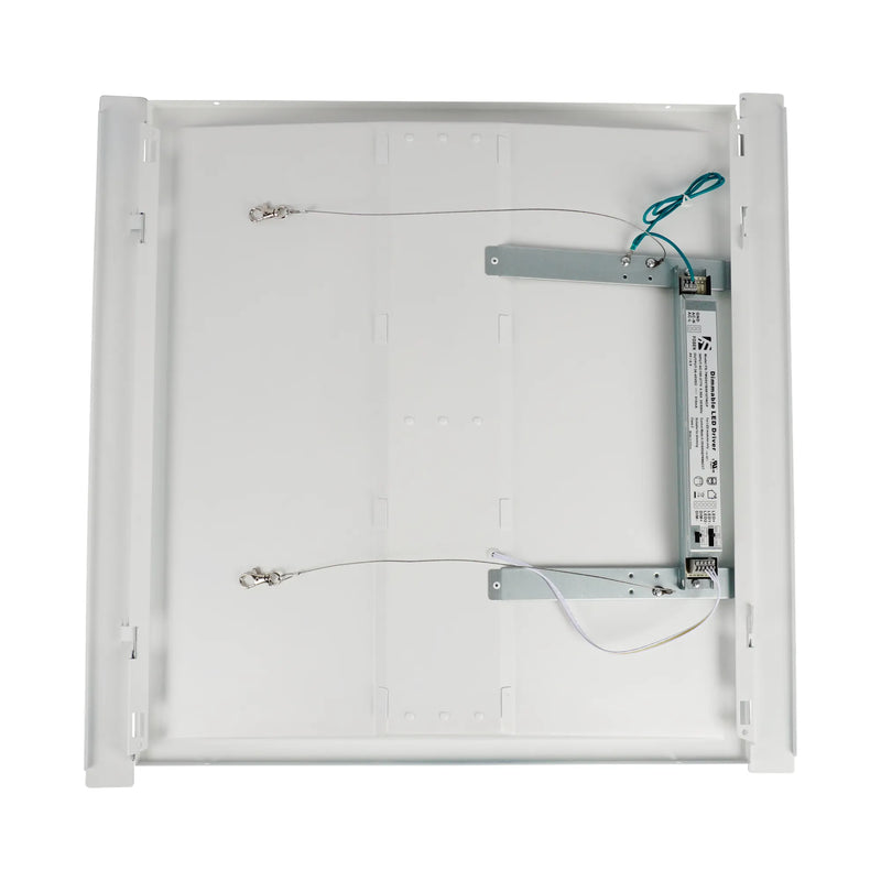 White square ceiling light fixture backplate showing internal mounting hardware, including metal brackets, wiring, and a battery pack, isolated on a white background.
