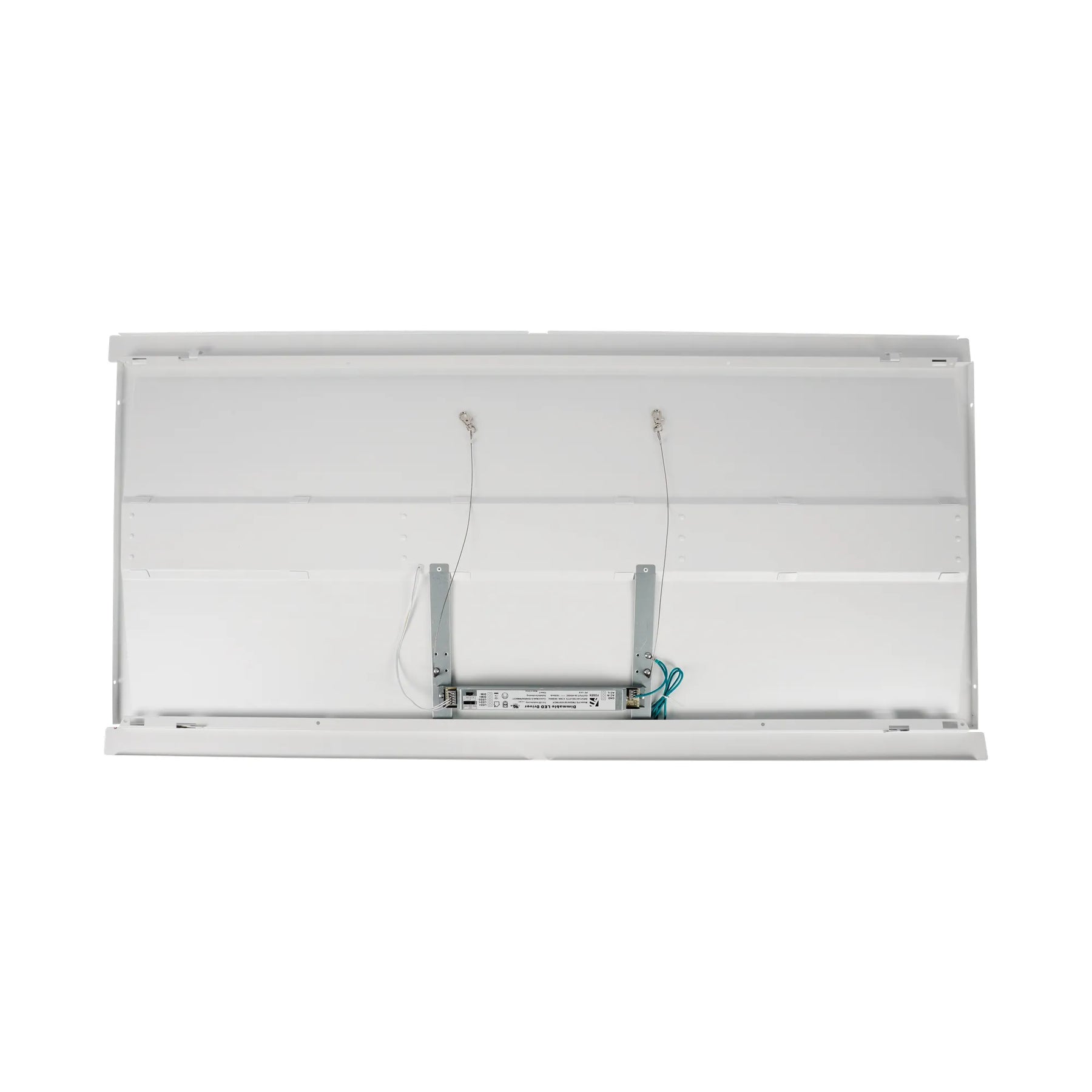 The underside of a white rectangular light fixture or panel, showing internal mounting brackets, wires, and a power supply against a plain white background.