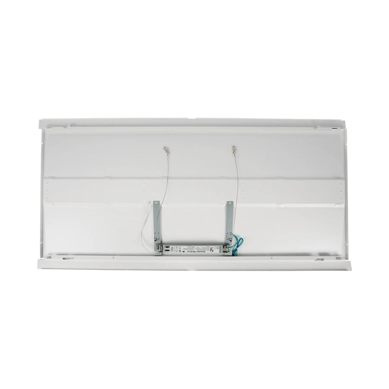 The underside of a white rectangular light fixture or panel, showing internal mounting brackets, wires, and a power supply against a plain white background.