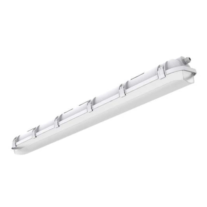 White sleek 4ft fiberglass vapor tight led light fixture with segmented housing wattage and cct selectable