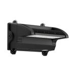 A black rectangular outdoor LED wall light fixture with a ribbed reflective housing and mounting brackets, shown on a plain white background.