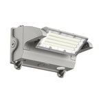 A gray outdoor LED wall light fixture with a mounting bracket, shown at an angle on a plain white background.