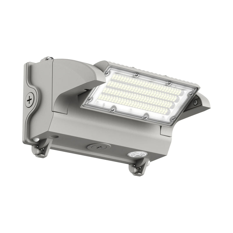 A gray outdoor LED wall light fixture with a mounting bracket, shown at an angle on a plain white background.