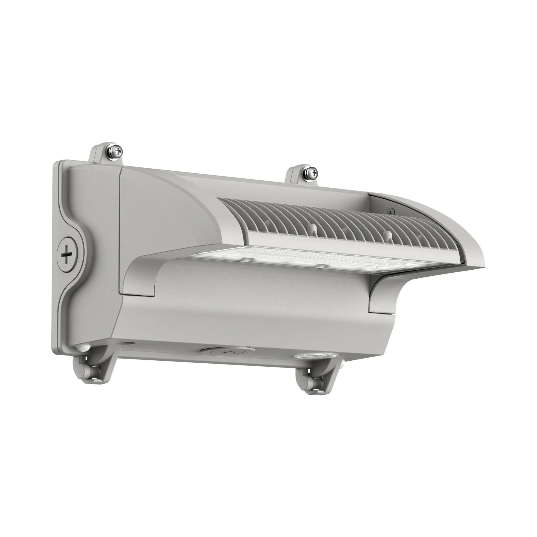 A modern outdoor LED wall light fixture with a silver-gray metal housing, featuring a ribbed diffuser and mounting brackets, shown against a plain white background.