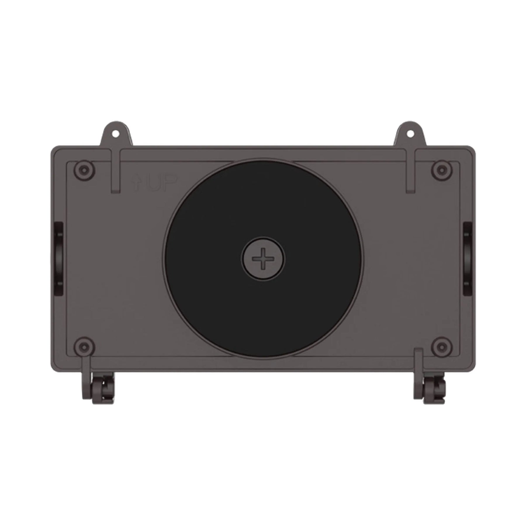A bronze rectangular electronic device with a large black circular panel on the front, four mounting holes, and small side connectors, shown on a plain white background.
