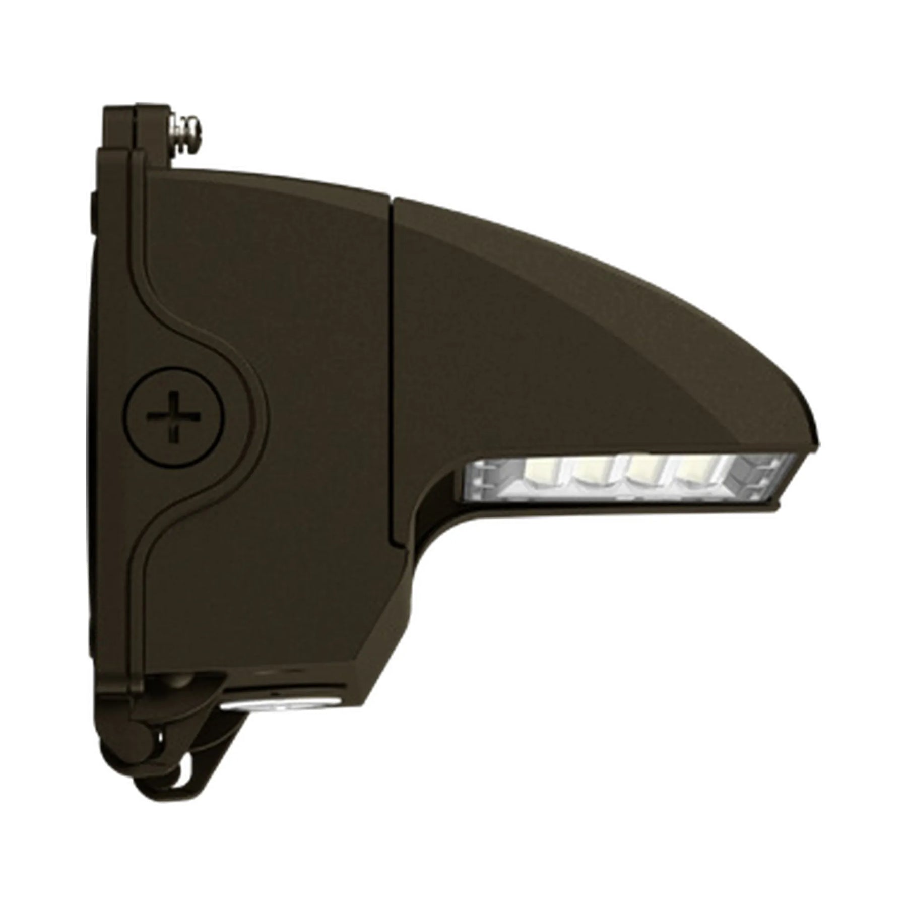 A bronze outdoor LED wall light fixture with a curved arm and mounting bracket, shown against a plain white background.