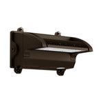 A bronze rectangular outdoor LED wall light fixture with a ribbed reflective housing and mounting brackets, shown on a plain white background.
