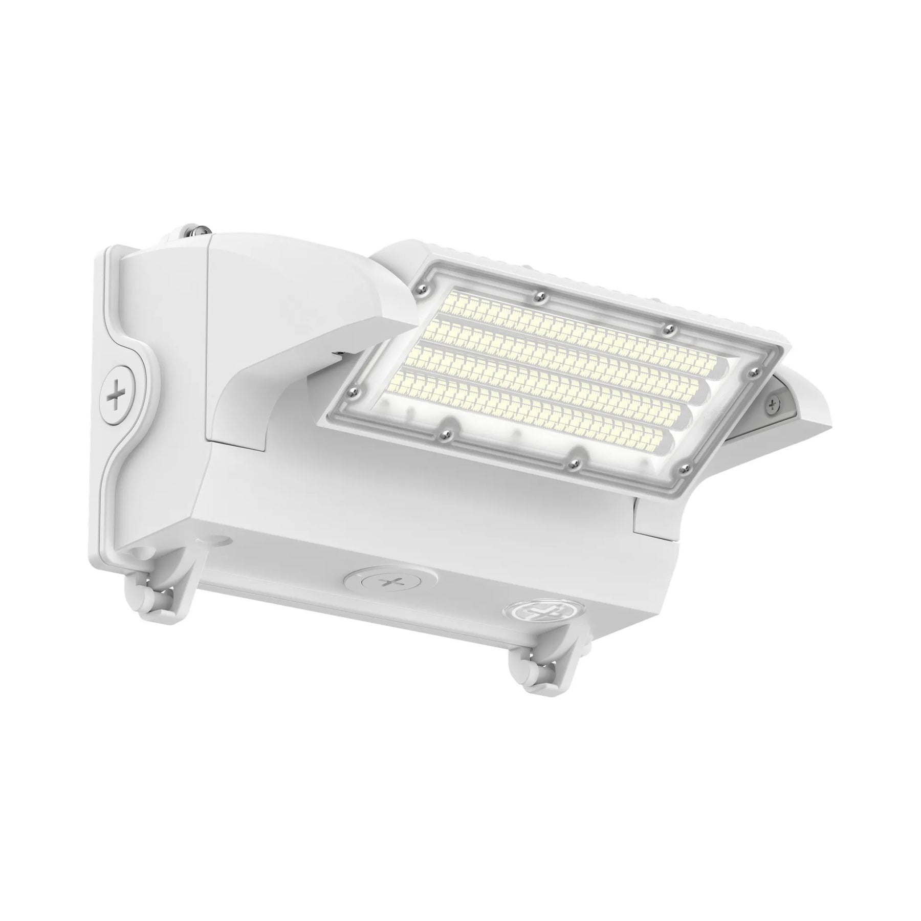 A white outdoor LED wall light fixture with a rectangular light bar containing multiple rows of warm-white emitting LEDs, shown at an angle on a solid white background.