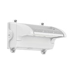 A white outdoor LED wall light fixture with a curved ribbed shade, mounting brackets, and a side control switch, shown against a plain white background.