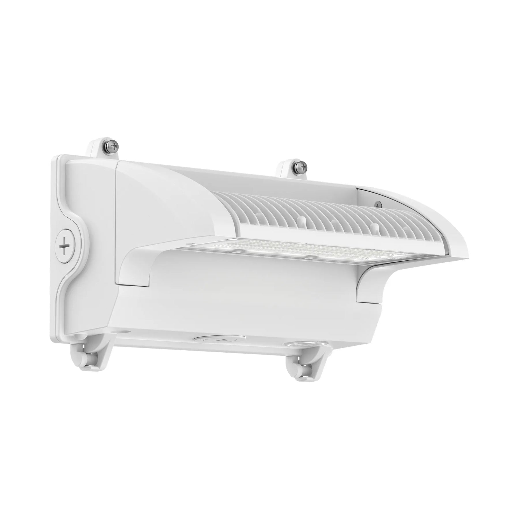 A white outdoor LED wall light fixture with a curved ribbed shade, mounting brackets, and a side control switch, shown against a plain white background.