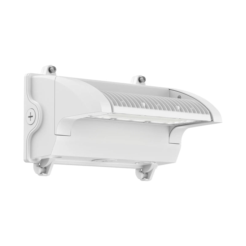 A white outdoor LED wall light fixture with a curved ribbed shade, mounting brackets, and a side control switch, shown against a plain white background.
