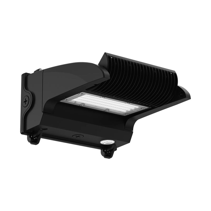 A black outdoor wall-mounted LED light fixture with a ribbed reflective shield and a clear lens over the light source, shown on a plain white background.