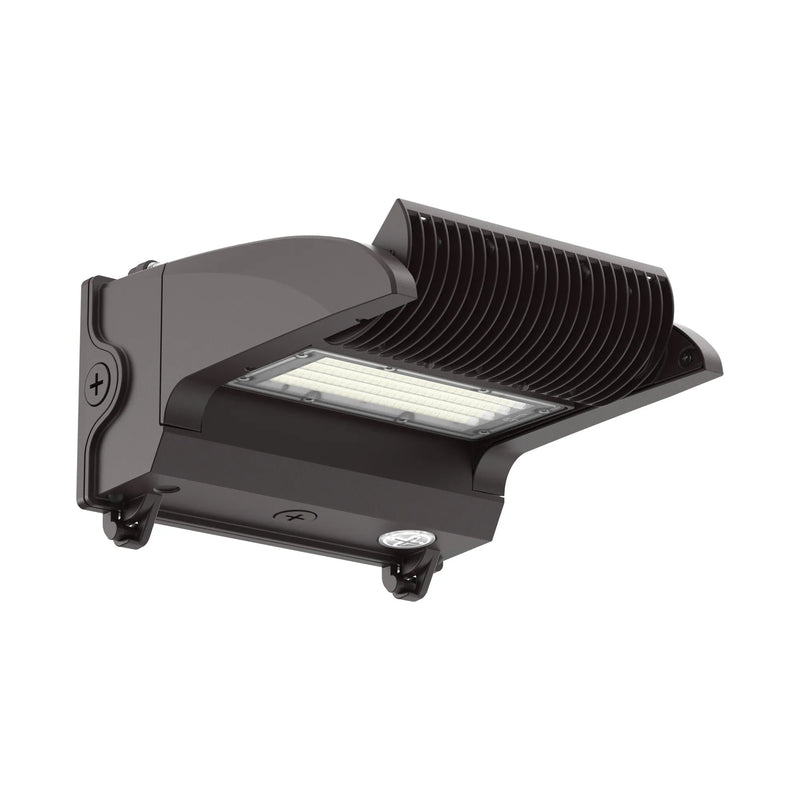 A bronze outdoor LED wall light fixture with a ribbed protective cover and mounting brackets, shown on a solid white background.