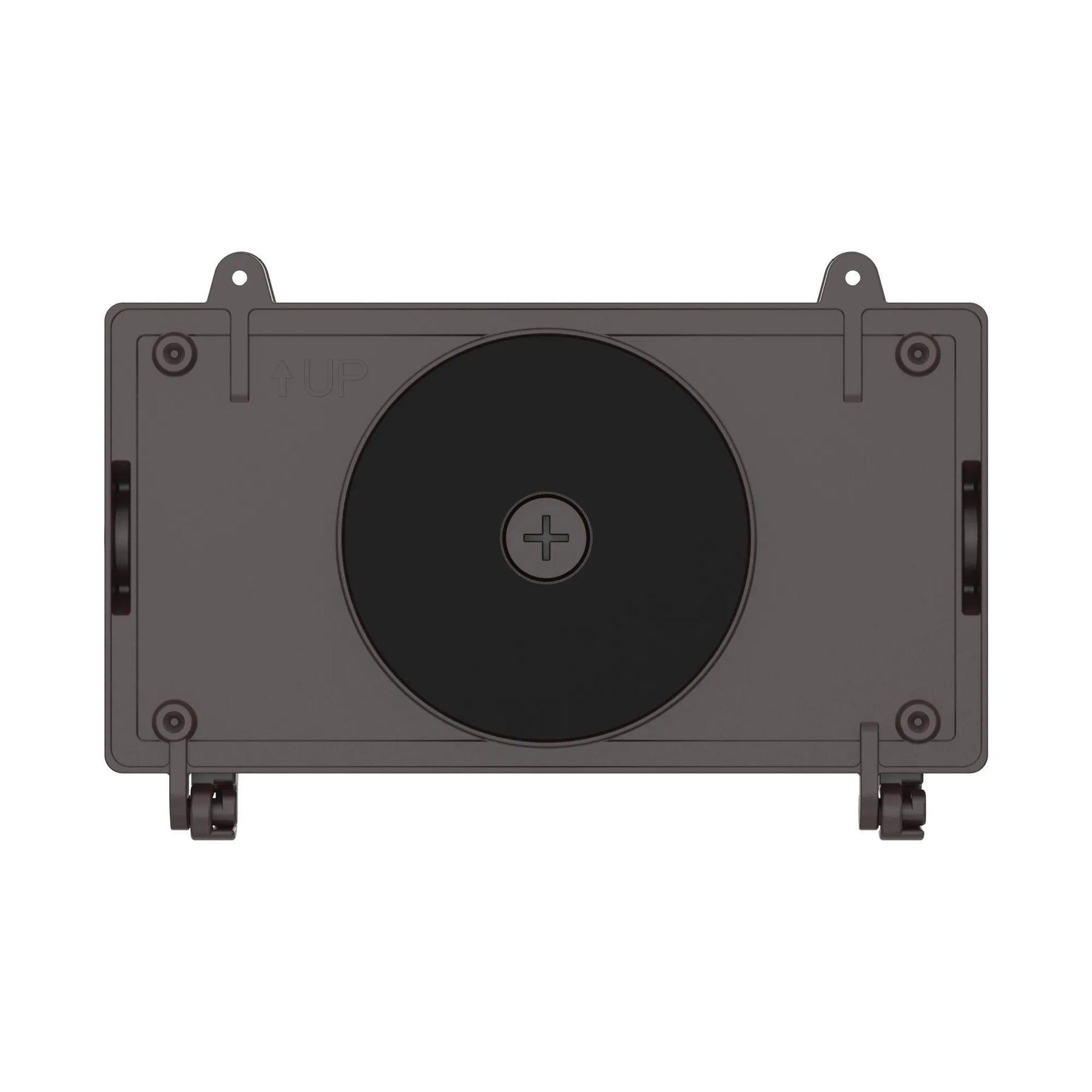 A bronze rectangular mounting plate with a large black circular insert in the center, shown against a plain white background.