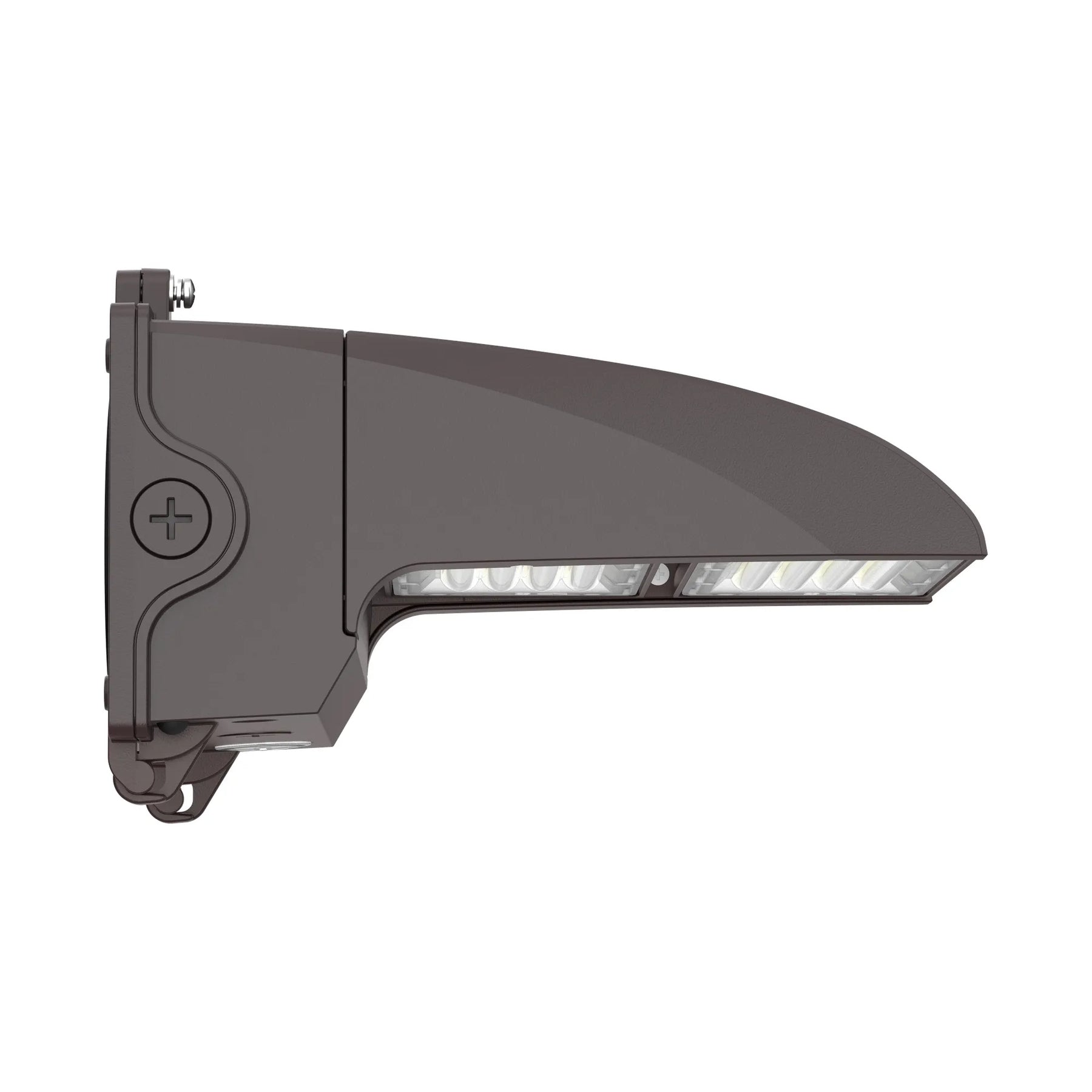 A modern wall-mounted LED street light with a bronze housing and a curved light bar, shown against a plain white background.
