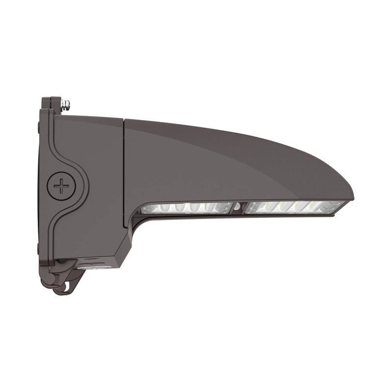 A modern wall-mounted LED street light with a bronze housing and a curved light bar, shown against a plain white background.
