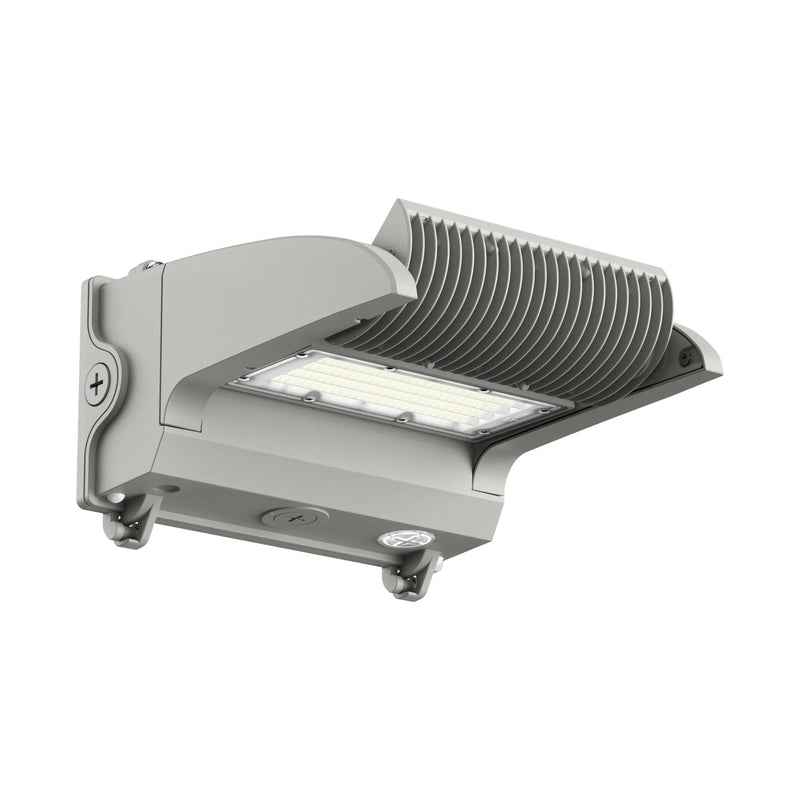 A modern outdoor LED wall light fixture with a silver-gray metal housing, featuring a ribbed heat sink design and a clear lens over the LED array, shown against a plain white background.