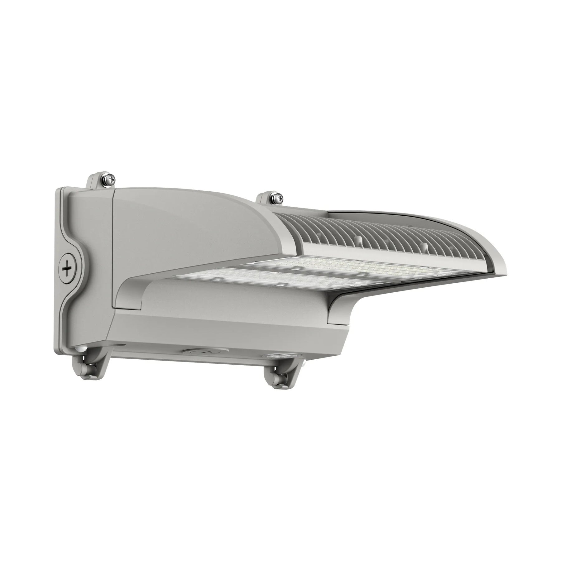 A modern outdoor LED wall-mounted light fixture with a sleek, curved design and a ribbed metal housing, shown against a plain white background.