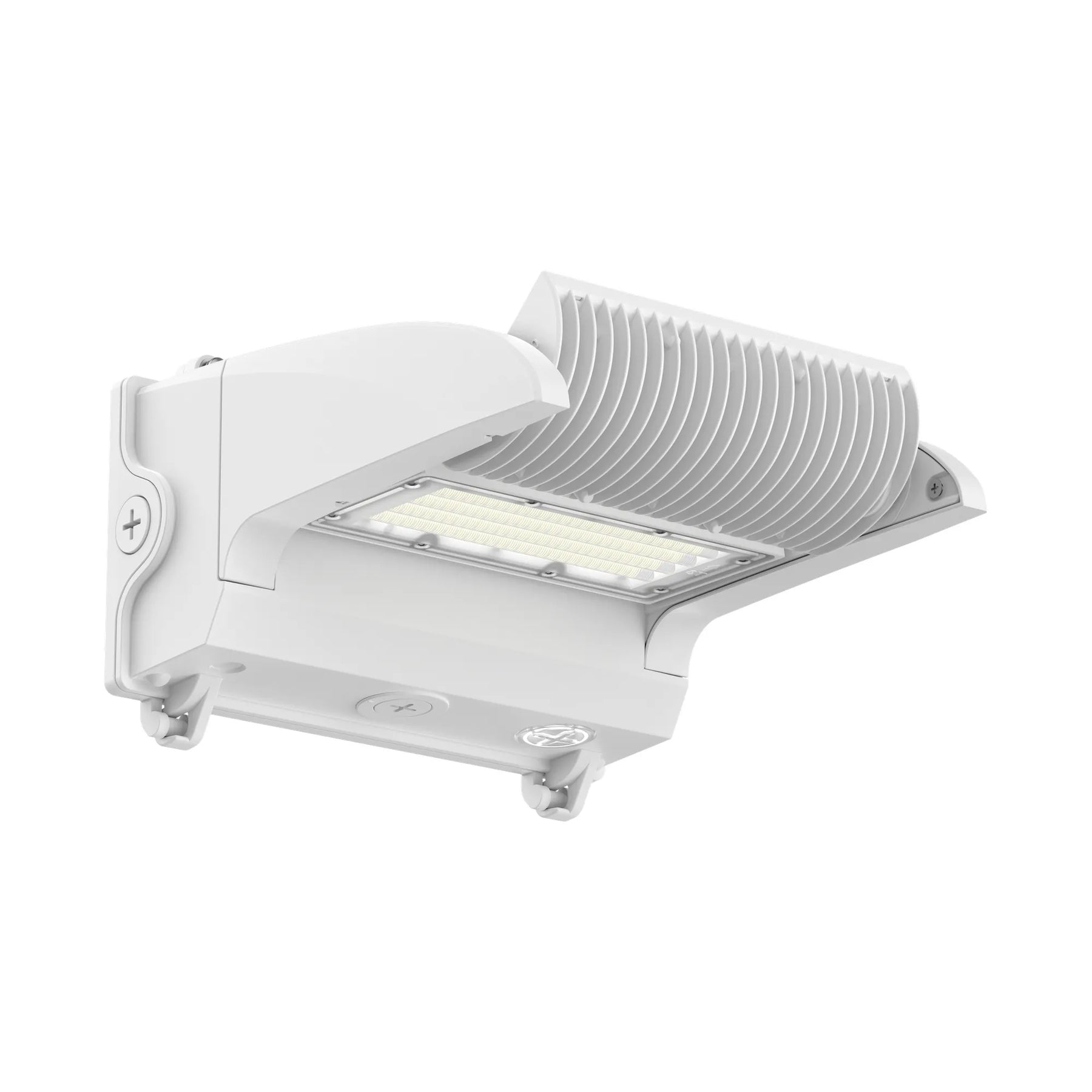 A white outdoor LED wall light fixture with a curved ribbed heat sink design, shown at an angle on a solid white background.