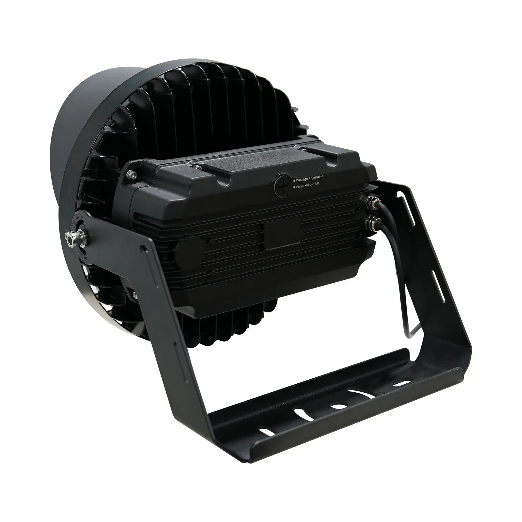 A black industrial LED stadium light with a ribbed housing, circular reflector, and adjustable mounting bracket, shown on a plain white background.