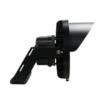 A black adjustable stadium light with a mounting bracket, shown in profile against a plain white background.