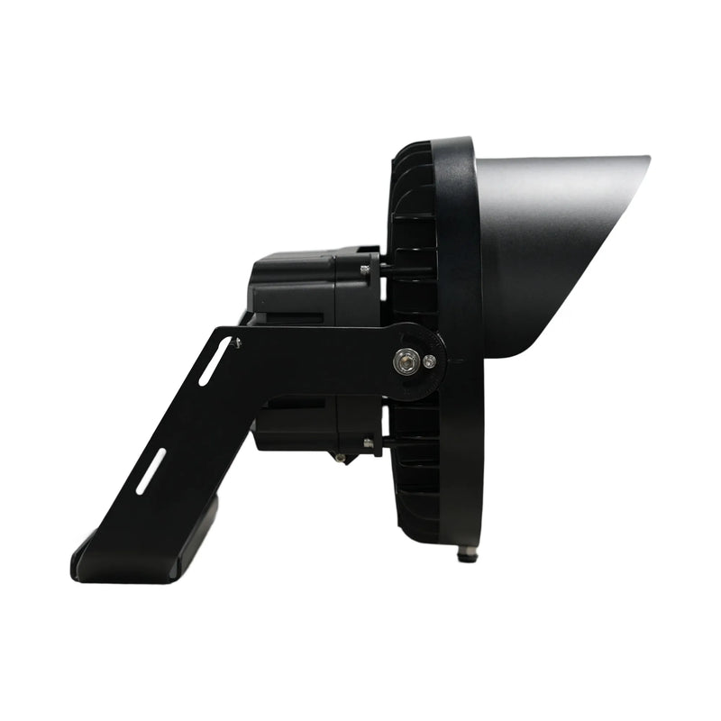 A black adjustable stadium light with a mounting bracket, shown in profile against a plain white background.