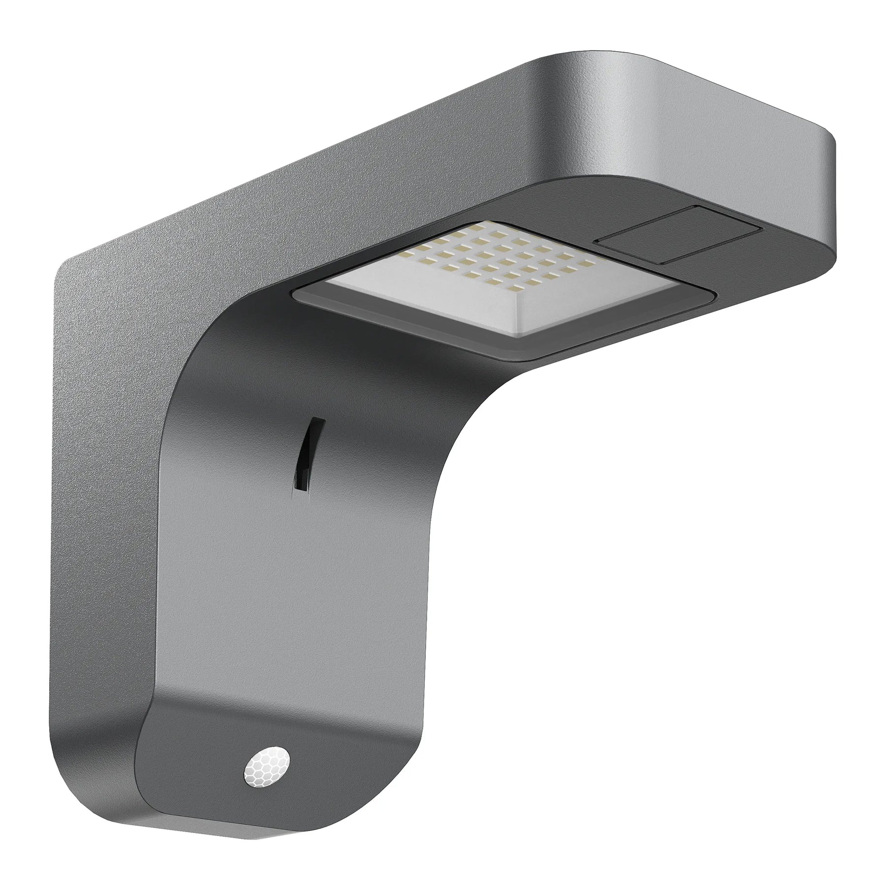 Modern matte gray edgeray solar wall light with sleek curved design and integrated motion sensor 385 lumens 4000k