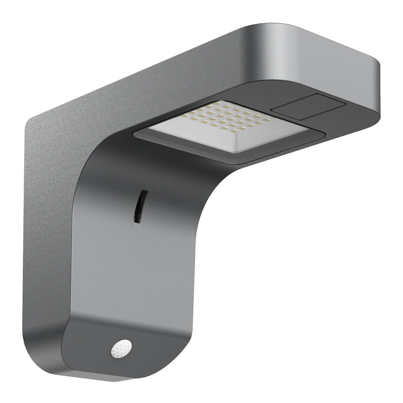 Modern matte gray edgeray solar wall light with sleek curved design and integrated motion sensor 385 lumens 4000k