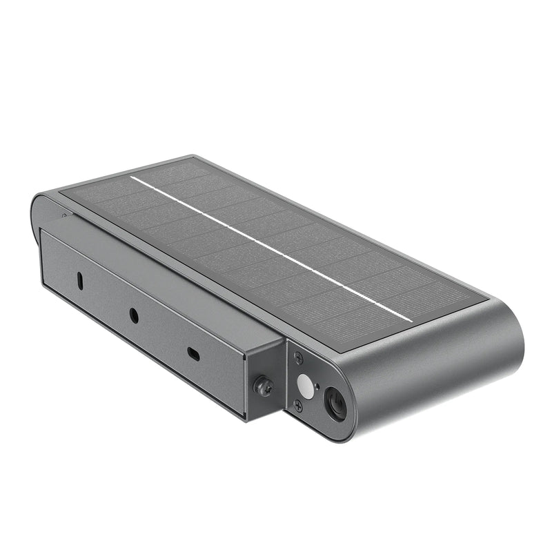 Gray metallic ledgeray solar wall light with sleek rectangular design and integrated lens 345 lumens 3w 4000k