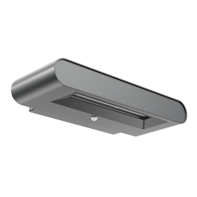 Modern matte gray ledgeray solar wall light fixture with sleek rectangular design and integrated motion sensor 345 lumens