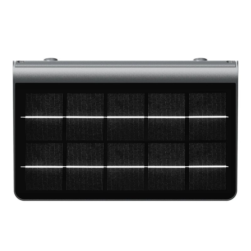 Silver-framed wallray solar wall panel with 12 black rectangular cells for 380 lumens 3w 4000k luminaire lighting