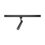 A modern black linear track light with a single adjustable spotlight head, shown against a solid white background.