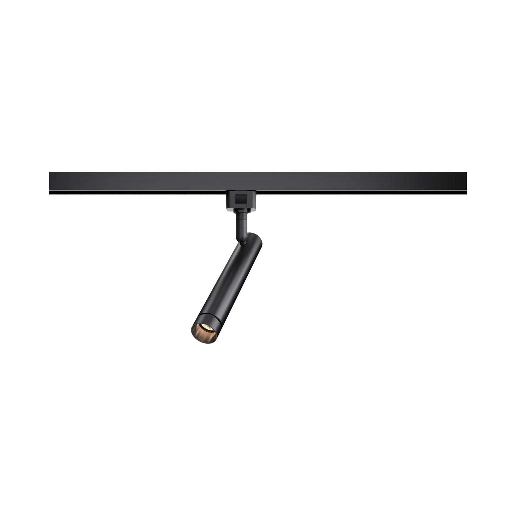 A modern black linear track light with a single adjustable spotlight head, shown against a solid white background.